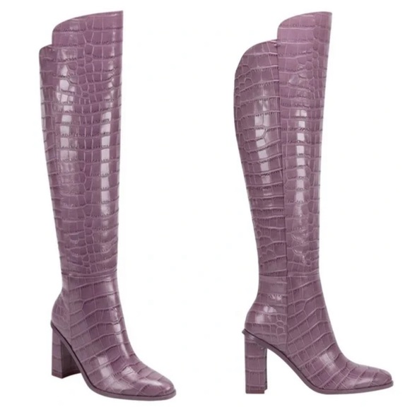 Marc Fisher Unella Knee High Boot Crocodile Embossed Leather Block Heel Berry 7 - Picture 1 of 13